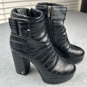 Circus by Sam Edelman Boots Women Sz 6 Black Buckle Block Platform Croc Embossed